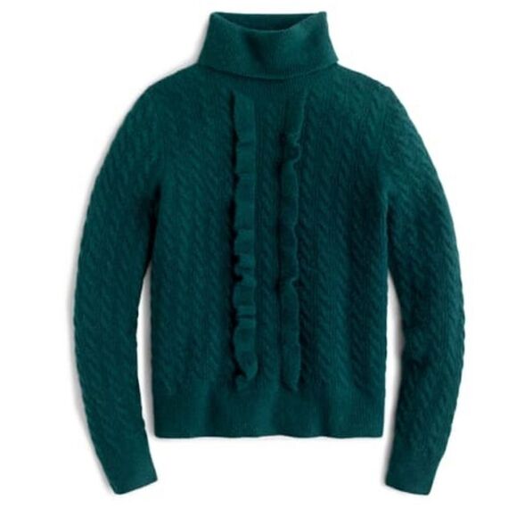 J.Crew Supersoft Ruffle Front Turtleneck In Old Forest Green Woman's Med Cozy - Picture 1 of 9